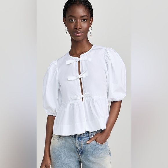 Ganni White Cotton Poplin Tie Peplum Blouse size 4 (or 36) - Picture 1 of 2
